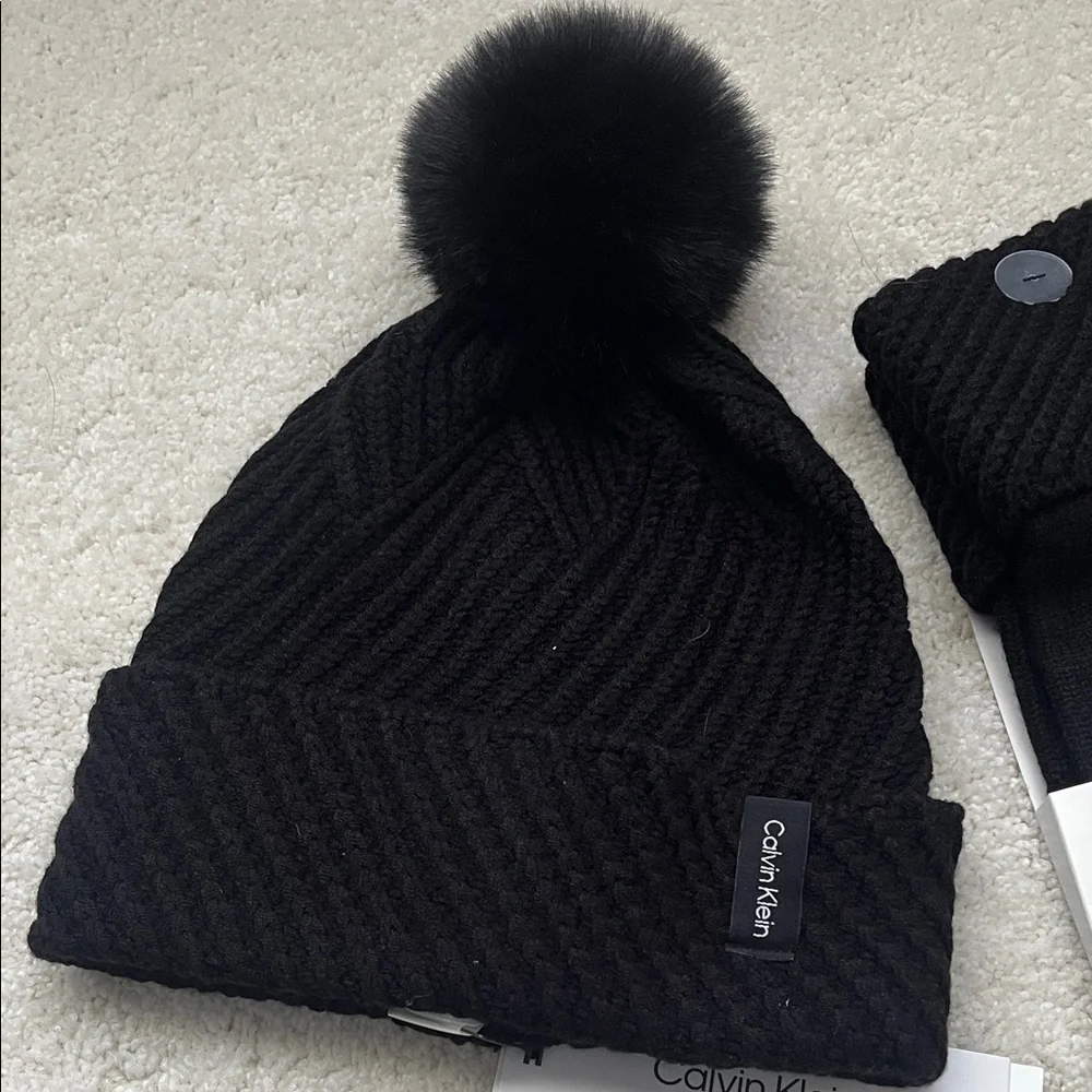 Calvin Klein Black Knit Pom-Pom Hat and Gloves - Picture 2 of 4